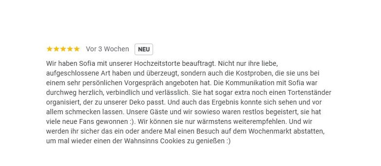 5 Sterne Google Bewertung Bewertung von fünf Sternen mit positiver Rückmeldung zur Dienstleistung und Kundenzufriedenheit.