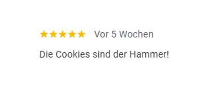5 Sterne Google Bewertung Fünf-Sterne-Bewertung für köstliche Cookies mit positiver Rückmeldung.